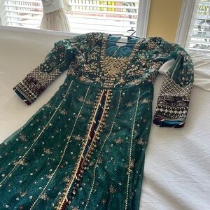 Baroque Embroidered Pakistani Green Dress with Gold Accents